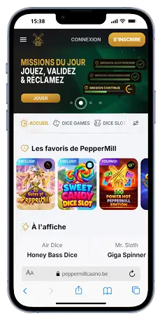 Plateforme Peppermill Casino affichée sur un téléphone mobile