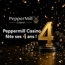 Visuel de Peppermill Casino fêtant ses 4 ans avec logo, chiffre doré et confettis