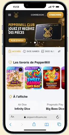 Interface mobile de Peppermill Casino sur smartphone présentant les jeux et jackpots du casino