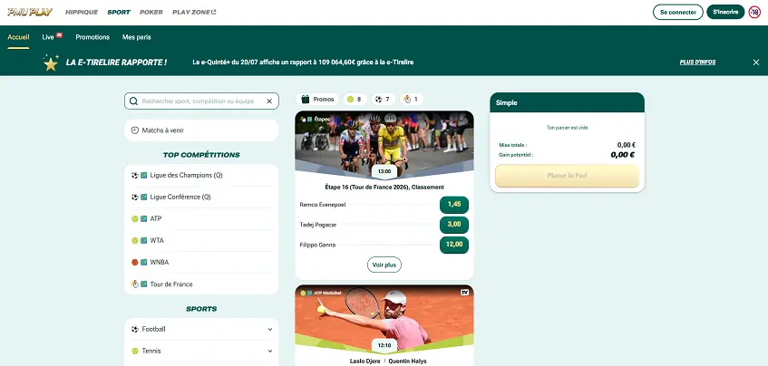 Aperçu de la plateforme PMU Play Sport sur ordinateur