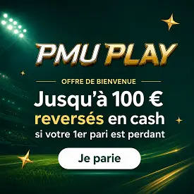 Offre de bienvenue PMU Play Sport avec jusqu’à 100 € reversés en cash si le premier pari est perdant