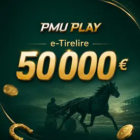 PMU Play Turf : e-Tirelire de 50 000 € mise en avant sur fond d’hippodrome avec cheval au trot attelé