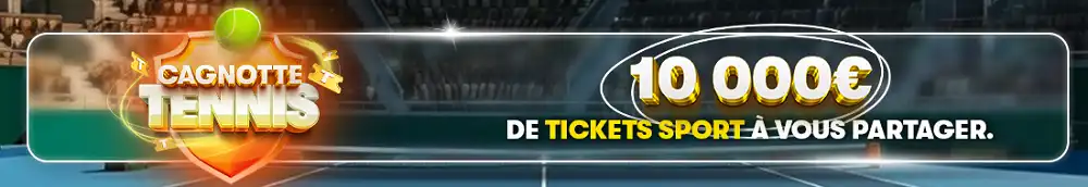 Cagnotte Tennis : bannière promo avec 10 000€ de tickets sport à partager sur fond de court de tennis