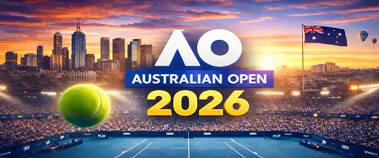 Bannière Australian Open 2026 : stade de tennis en soirée, skyline, logo AO et balle verte
