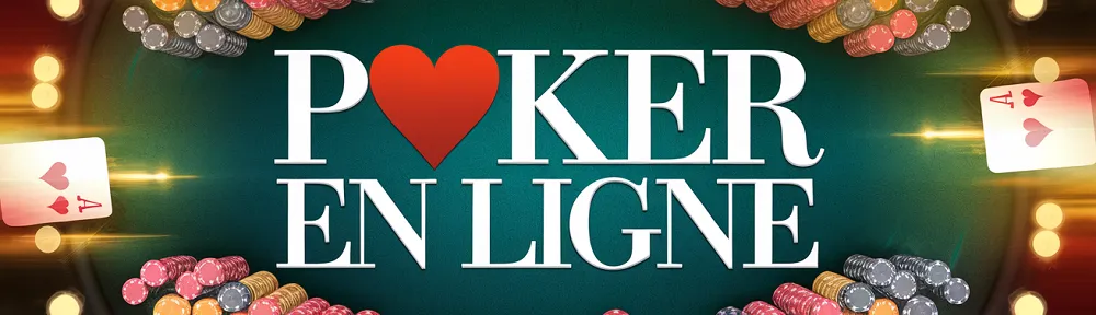 Bannière poker en ligne avec jetons colorés, cartes et cœur rouge au centre du mot Poker