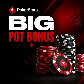 Big Pot Bonus PokerStars avec logo officiel et piles de jetons rouges et noirs sur fond sombre