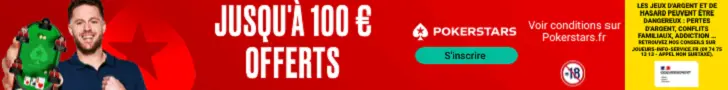 Bannière Pokerstars bonus 100 € offerts avec joueur de poker et bouton s’inscrire Pokerstars.fr