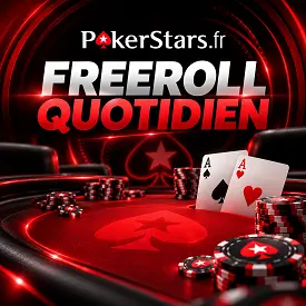 Freeroll quotidien PokerStars.fr : table de poker rouge et noire avec jetons, cartes à jouer et logo PokerStars