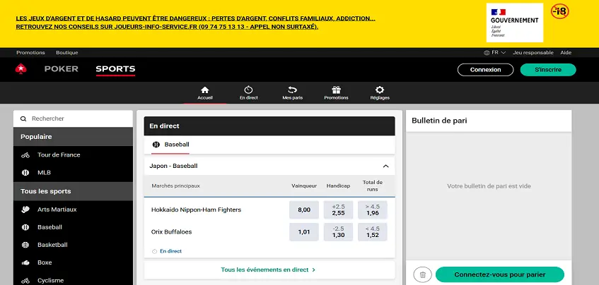 Aperçu de la plateforme Pokerstars Sport sur ordinateur