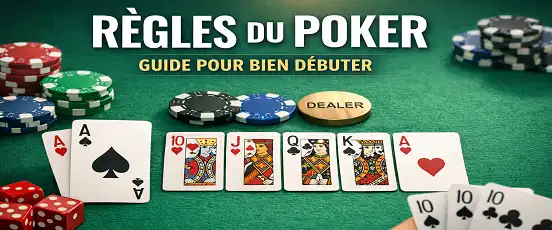 Règles du poker : bannière avec cartes, jetons et tapis vert