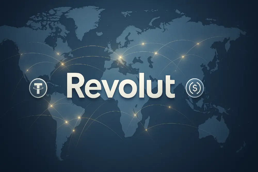 Carte du monde illustrant le réseau international de Revolut avec les symboles des stablecoins USDT et USDC