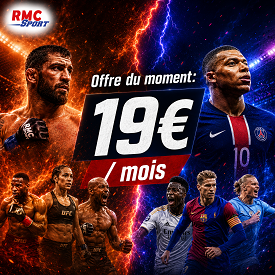 Offre RMC Sport à 19€ par mois avec visuel sportif UFC et football