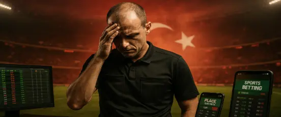 Arbitre turc pensif entouré d’écrans de paris sportifs, billets et téléphones, symbole du scandale du football turc