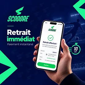 Application Scooore affichant un retrait immédiat vers un compte bancaire depuis un smartphone