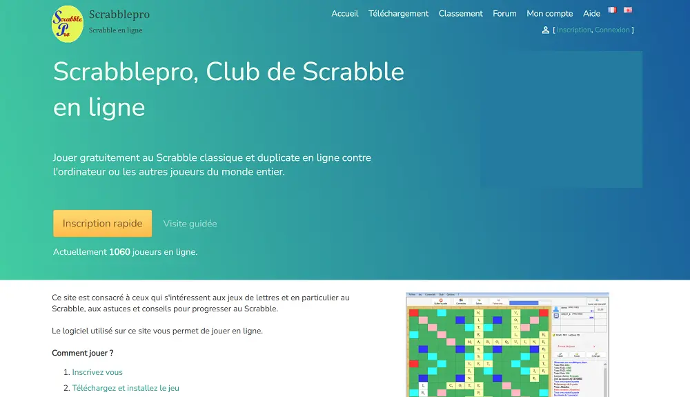 Visuel page d'accueil du site de jeux Scrabblepro