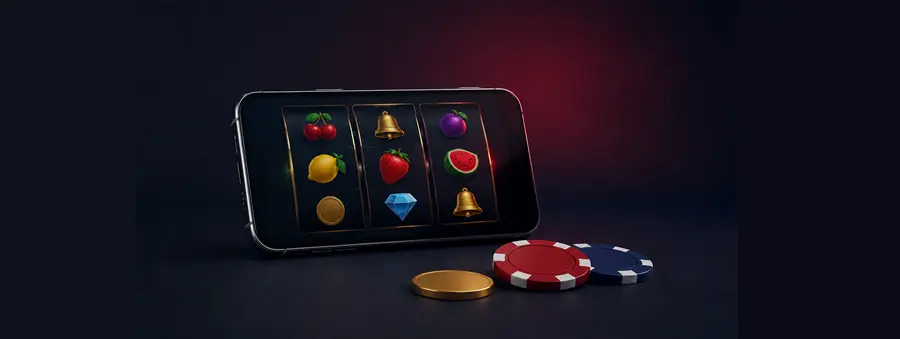 Slot7 Casino sur mobile avec machine à sous, symboles de fruits et jetons de casino sur fond sombre