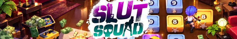 Slut Squad, jeu pour adultes avec son logo, une voleuse aux cheveux violets, des coffres-forts et des liasses de billets