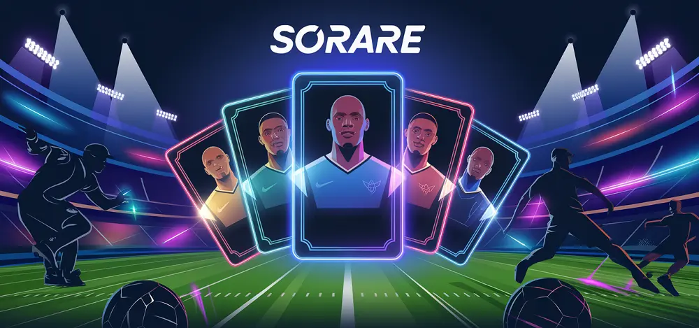 Illustration Sorare montrant des cartes de joueurs lumineuses dans un stade, symbolisant le fantasy football et la collection numérique Sorare
