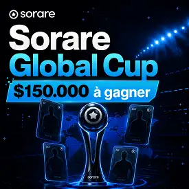 Illustration Sorare Global Cup avec cartes fantasy football et 150.000 dollars à gagner