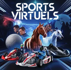 Sports virtuels avec karting, football, chevaux et lévriers illustrant l'univers des paris virtuels en ligne