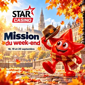 Mission du week-end Star Casino en Belgique du 18 au 20 septembre 2026 avec mascotte étoile rouge et décor automnal