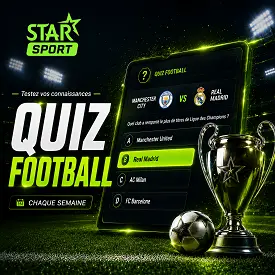 Quiz football Star Sport avec questionnaire, trophée et ballon dans un stade éclairé aux couleurs vertes
