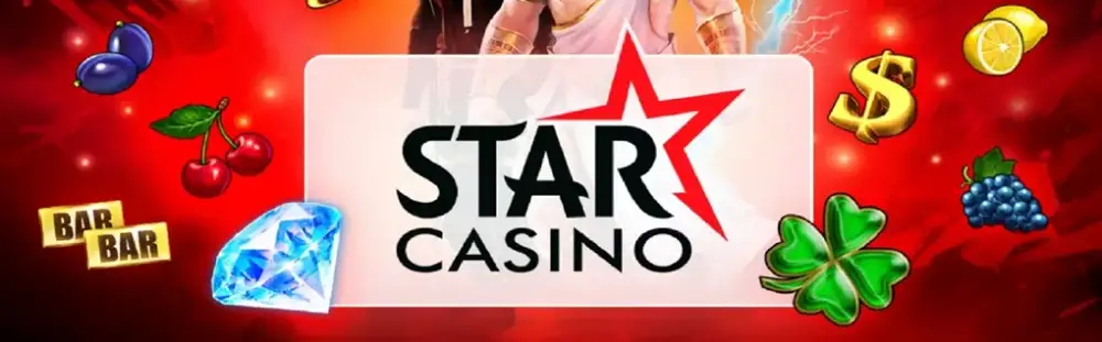 Bannière Star Casino avec logo central, symboles de machines à sous, diamant et trèfle chance