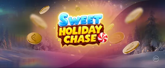 Image promotionnelle Sweet Holiday Chase avec logo lumineux, pièces dorées en mouvement et décor hivernal enneigé