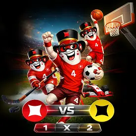 Swiss4Win ScoreKing avec mascottes sportives, football, hockey et basketball autour d’un pronostic 1X2