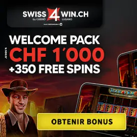 Visuel promotionnel Swiss4win avec welcome pack CHF 1 000 et 350 free spins sur casino en ligne suisse