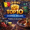 Top 10 casinos belges fiables et sécurisés avec drapeau belge, bouclier et roulette en arrière-plan
