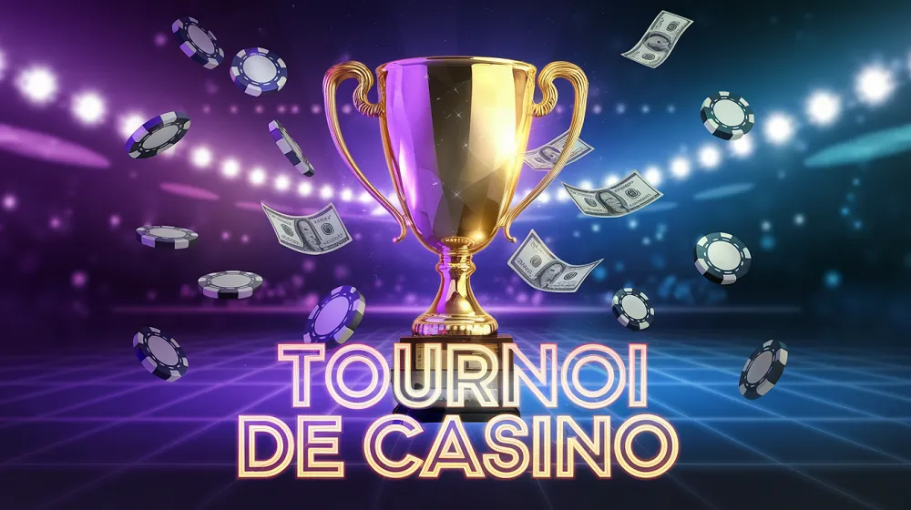 Trophée doré entouré de jetons et billets flottants avec la mention Tournoi de casino en arrière-plan lumineux