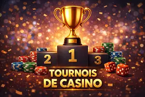 Bannière tournois de casino avec trophée, podium, jetons de poker et dés