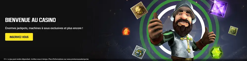 Bannière promotionnelle Unibet Casino avec mascotte, machines à sous, jackpots et invitation à s’inscrire au casino en ligne belge