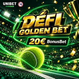 Défi Golden Bet Unibet avec 20 € en BonusBet, ballon de tennis et ambiance sportive verte et dorée