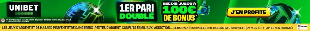 Bannière Unibet.fr avec offre 1er pari doublé et bonus jusqu’à 100€ pour les paris sportifs