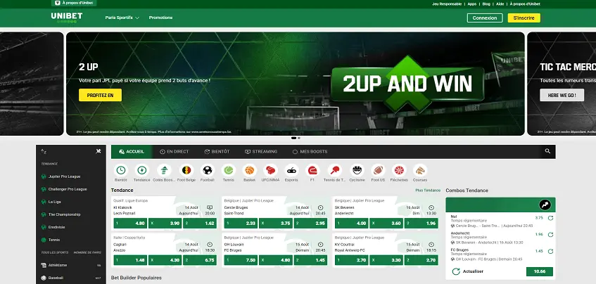 Aperçu de la plateforme Unibet Sport Belgique sur ordinateur