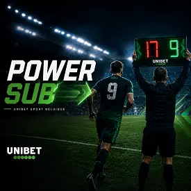Power Sub sur Unibet Sport Belgique avec joueur entrant sur le terrain et panneau de remplacement dans un stade