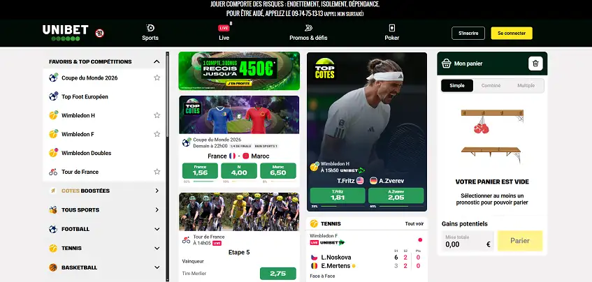 Aperçu de la plateforme Unibet Sport France sur ordinateur