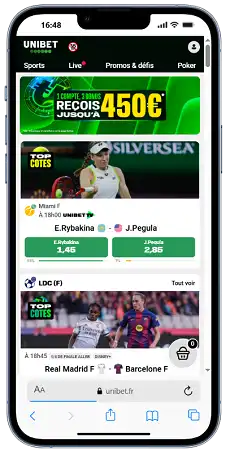 Application mobile Unibet.fr sur smartphone avec interface de paris sportifs