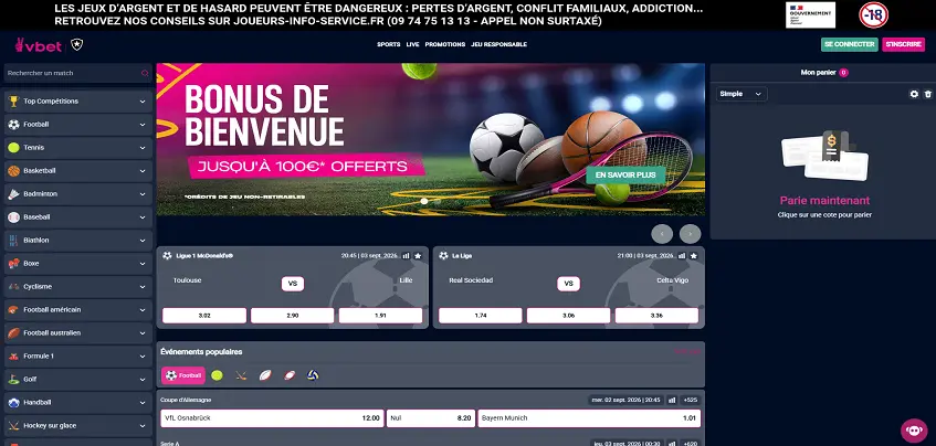 Aperçu de la plateforme Vbet sur ordinateur