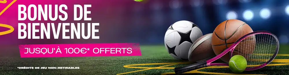 Bonus de bienvenue Vbet jusqu’à 100€ offerts pour les paris sportifs avec football, basketball et tennis en arrière plan
