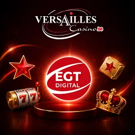 Versailles Casino accueille EGT Digital sur un visuel rouge avec symboles de casino et couronne dorée