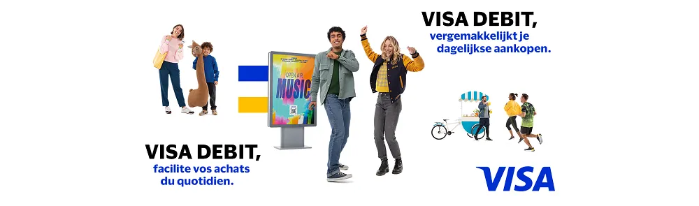 Bannière Visa Debit illustrant des achats quotidiens facilités et sécurisés avec la carte bancaire Visa