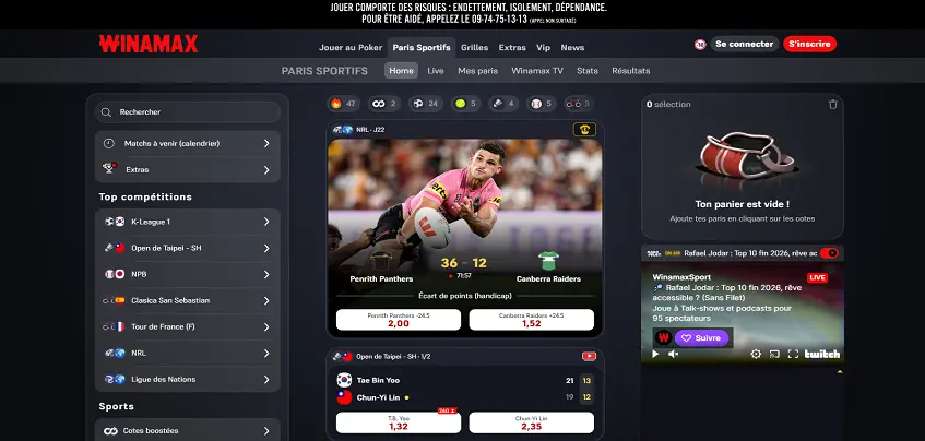 Aperçu de la plateforme Winamax Sport sur ordinateur