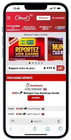 Capture d’écran mobile de ZEturf avec paris hippiques, courses en direct et interface de pronostics