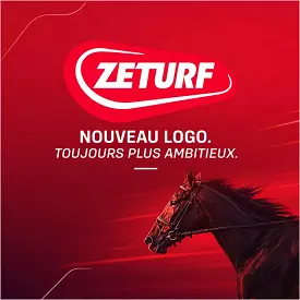 Nouveau logo ZEturf France présenté sur une création graphique avec un cheval de course et l’identité visuelle rouge