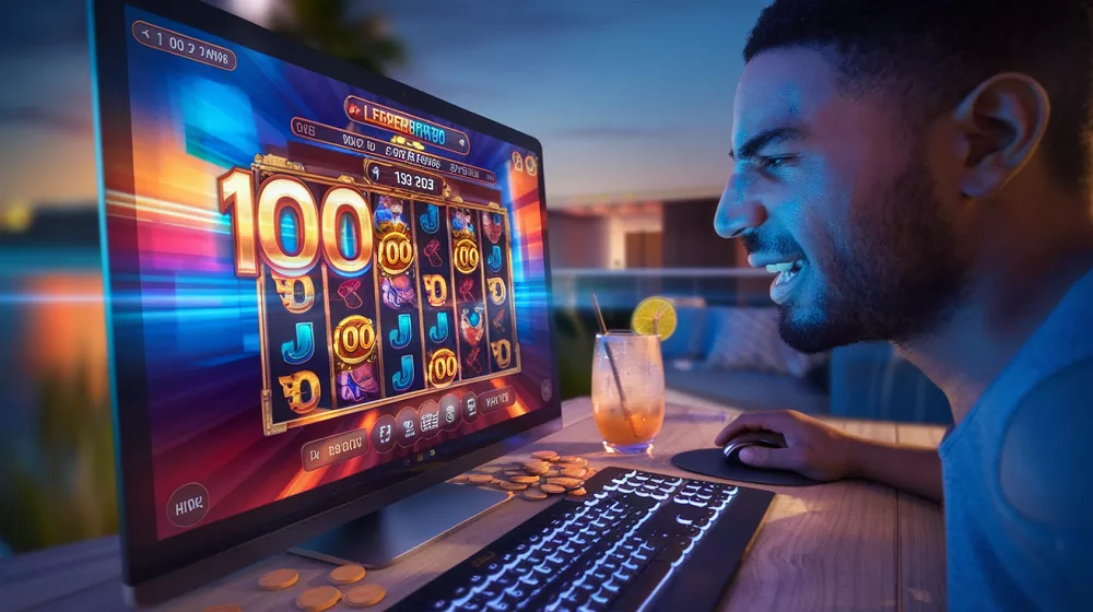  Joueur concentré sur une machine à sous de la série 100 sur le casino Unibet, ambiance estivale et écran lumineux