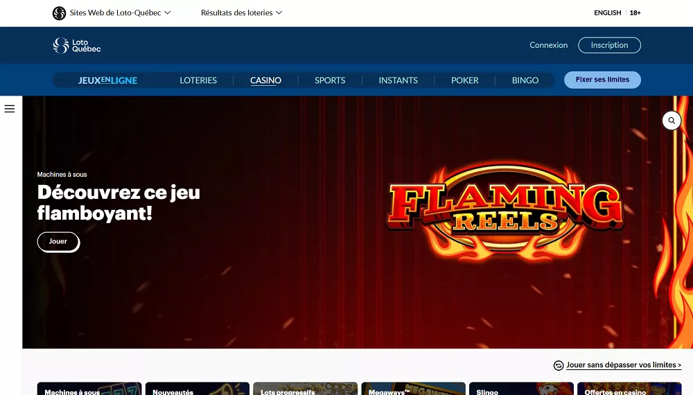 Page d’accueil du site Casino EspaceJeux avec une mise en avant du jeu Flaming Reels en arrière-plan animé