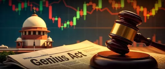 Genius Act USA avec un marteau de juge, un journal et des graphiques financiers en arrière-plan